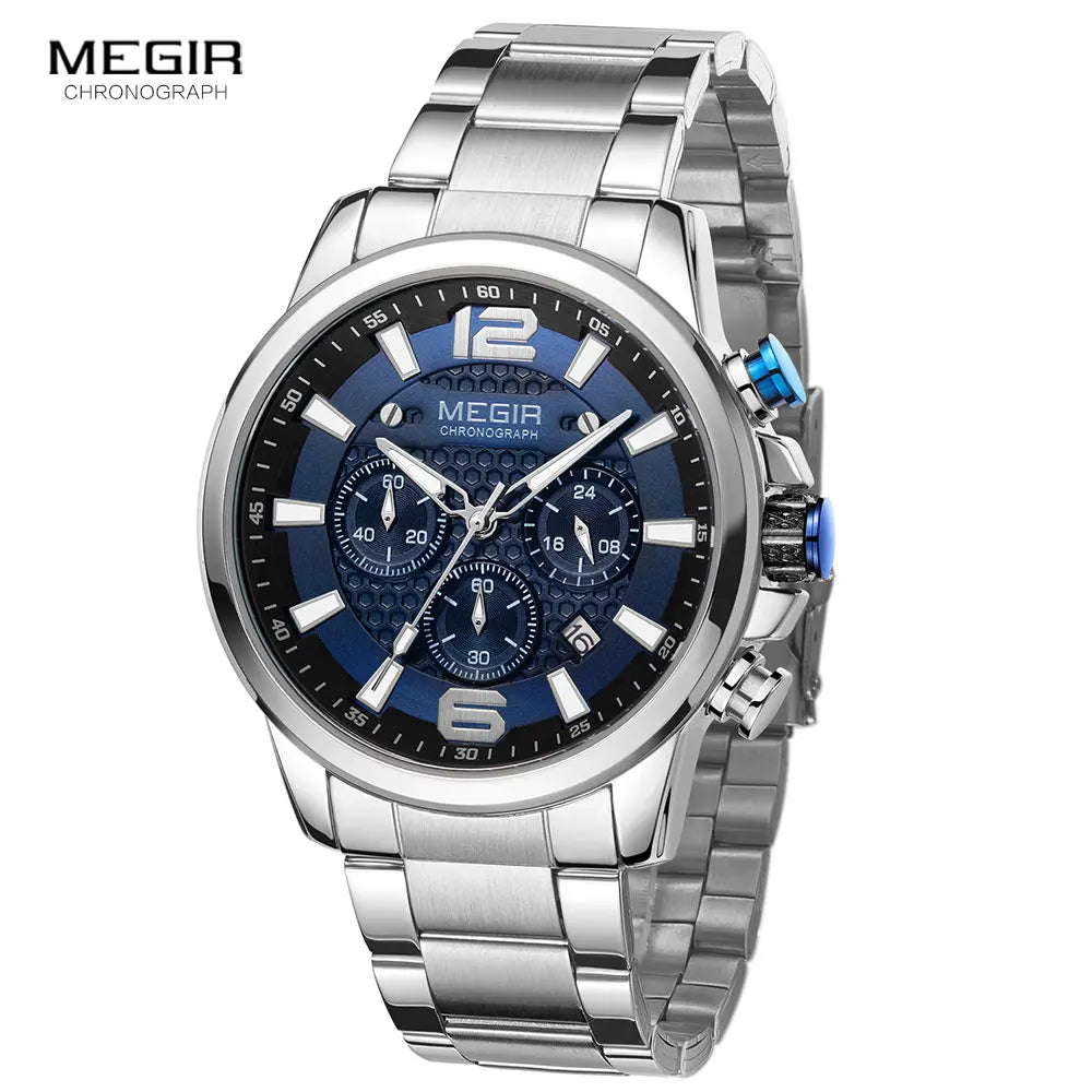 Original MEGIR 2020 Luxury Watch Stainless Steel Waterproof Luminous Blue Sports Chronograph Quartz - Man Gifts Shop