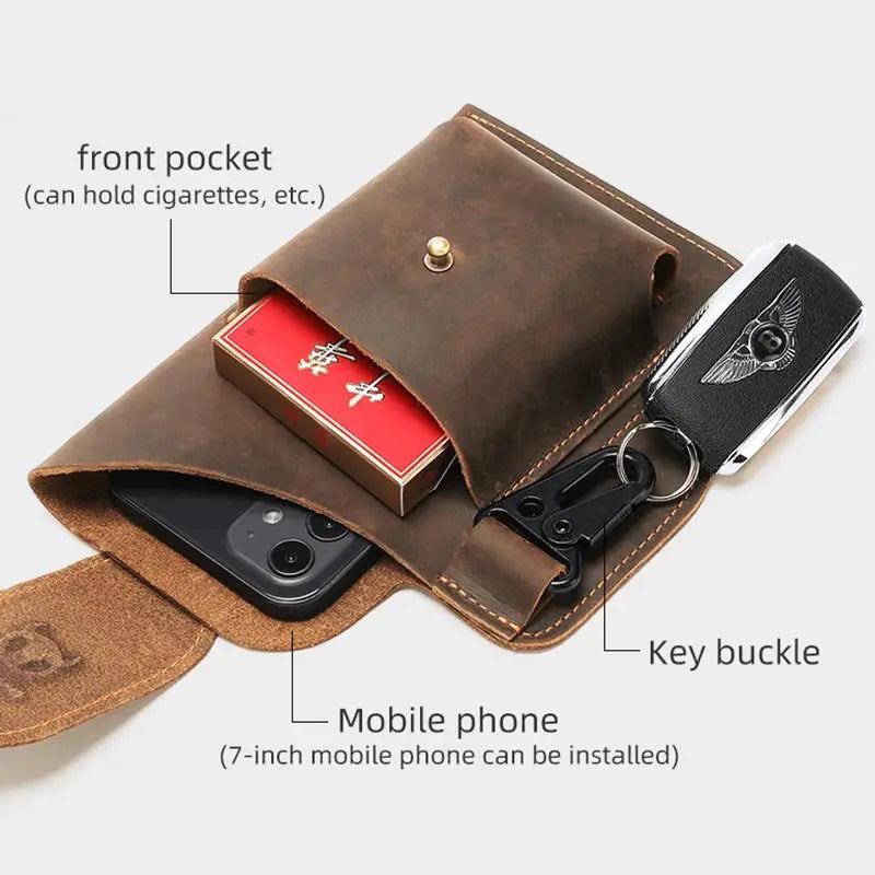 BULLCAPTAIN Riñonera de cuero genuino para hombre, funda para teléfono, bolsa para cinturón para exteriores, para teléfonos inteligentes de 5,5 a 6,8 pulgadas, estuche para cigarrillos, bolsa de viaje 