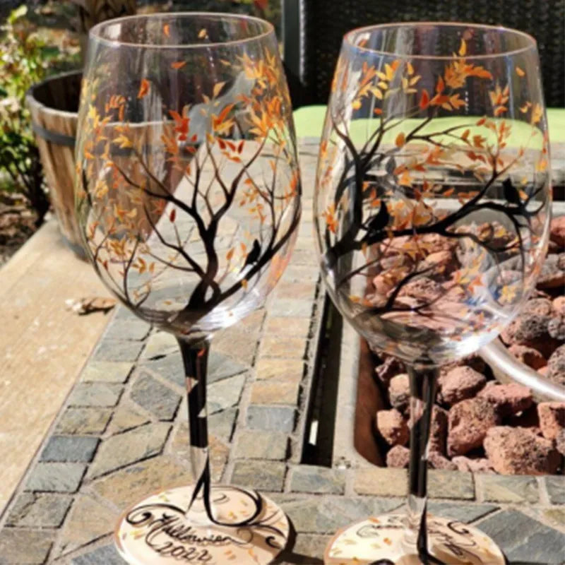 MGS Four Seasons Trees Printed High-Legged Wine Glasses - Stylish and Capacious Glass Cup Set for Wine, Beer, and Cocktails - Man Gifts Shop