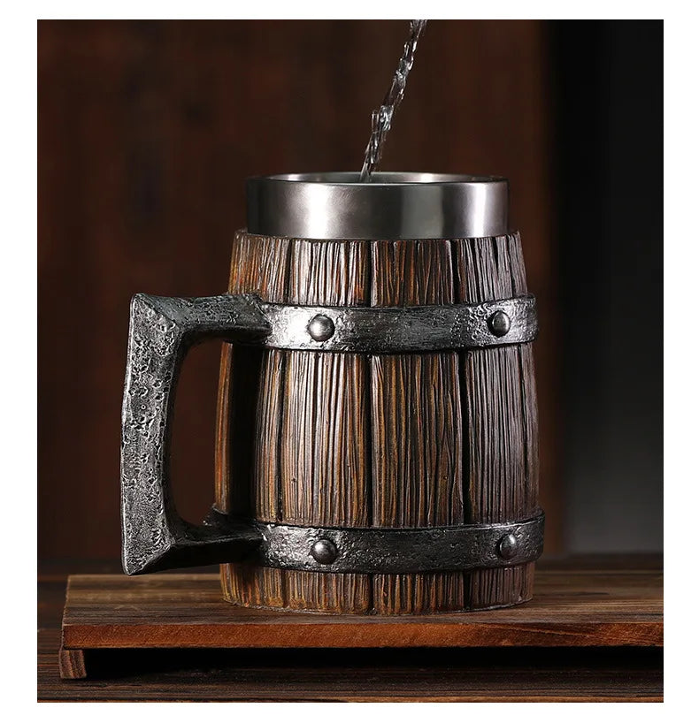 MGS Premium Wooden Barrel Beer Mug: Large-Capacity Stainless Steel Design