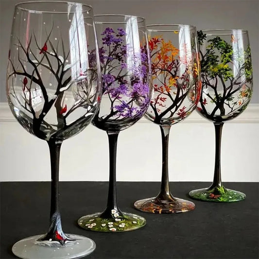 MGS Four Seasons Trees Printed High-Legged Wine Glasses - Stylish and Capacious Glass Cup Set for Wine, Beer, and Cocktails - Man Gifts Shop