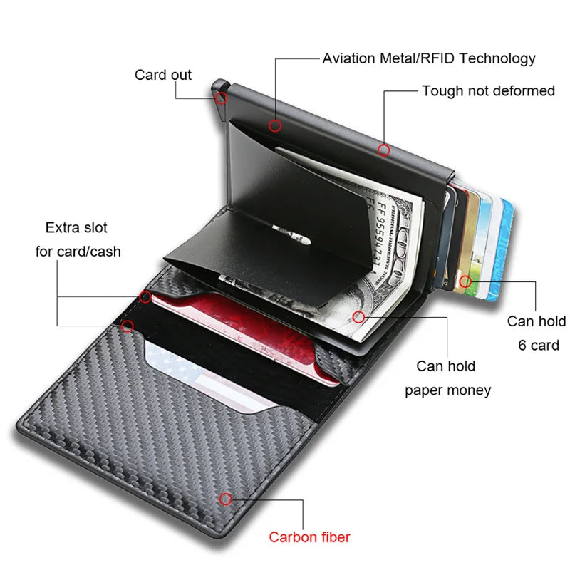 Carbon Fiber Pattern Slim Aluminum ID Credit Card Holder Automatic Pop up RFID Block Men Wallet