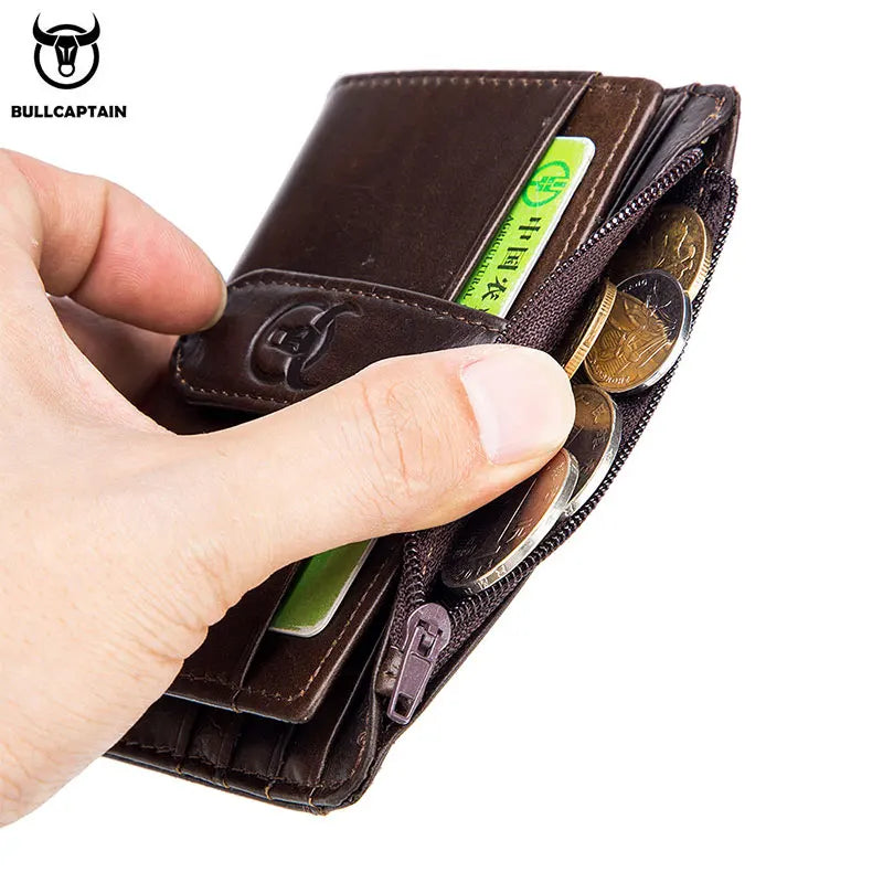 Original Bullcaptain Slim Genuine Leather RFID Card Holder with Zipper for Men