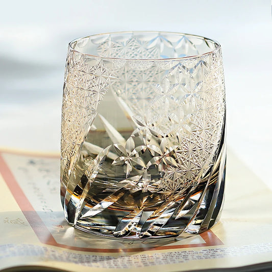 Edo Kiriko Whiskey Glass 360ml – Hand-Cut Amber Grey Crystal in Gift Box