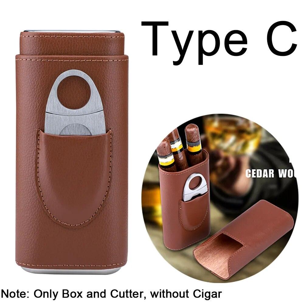 Cowhide Leather Three-Finger Portable Cigar Case with Silver Cigar Cutter - Man Gifts Shop