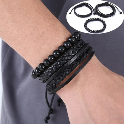 3-4pcs Vintage Leather Bracelet Set for Men – Tree of Life & Beaded Wrap Bangles
