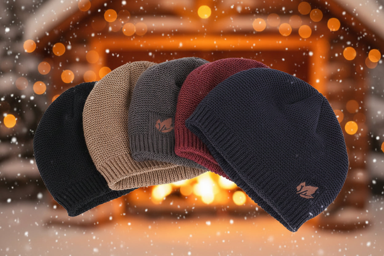 Five knit beanie hats in black, brown, gray, red, and navy on a white background.