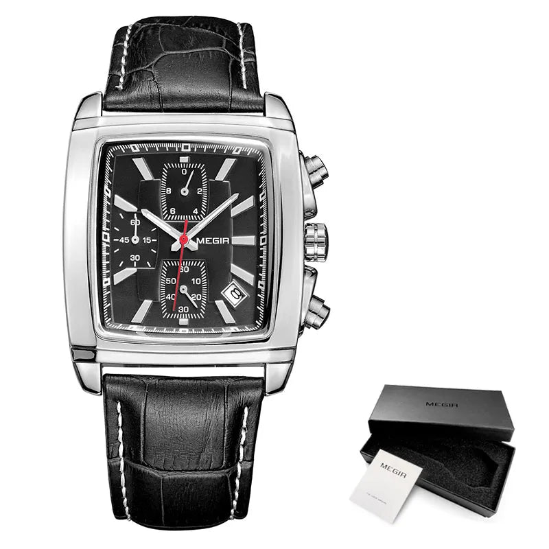 Original MEGIR Rectangle Dial Leather Strap Casual Watch - Man Gifts Shop