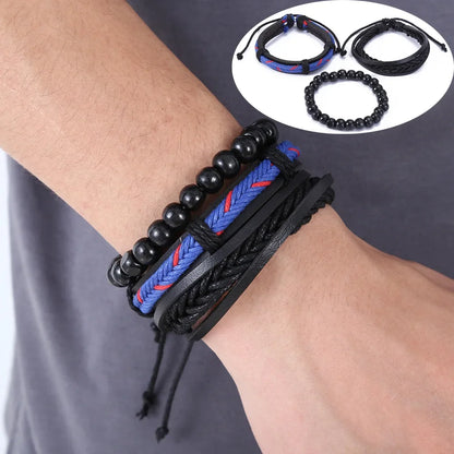 3-4pcs Vintage Leather Bracelet Set for Men – Tree of Life & Beaded Wrap Bangles