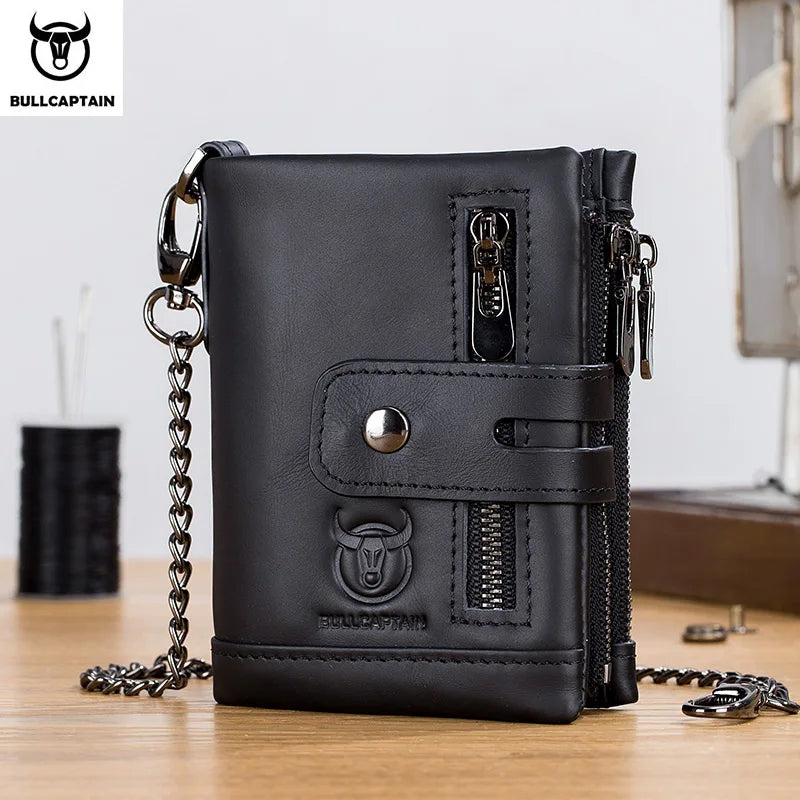Original Bullcaptain Men’s Genuine Leather RFID Wallet with Chain and Travel-Ready Design