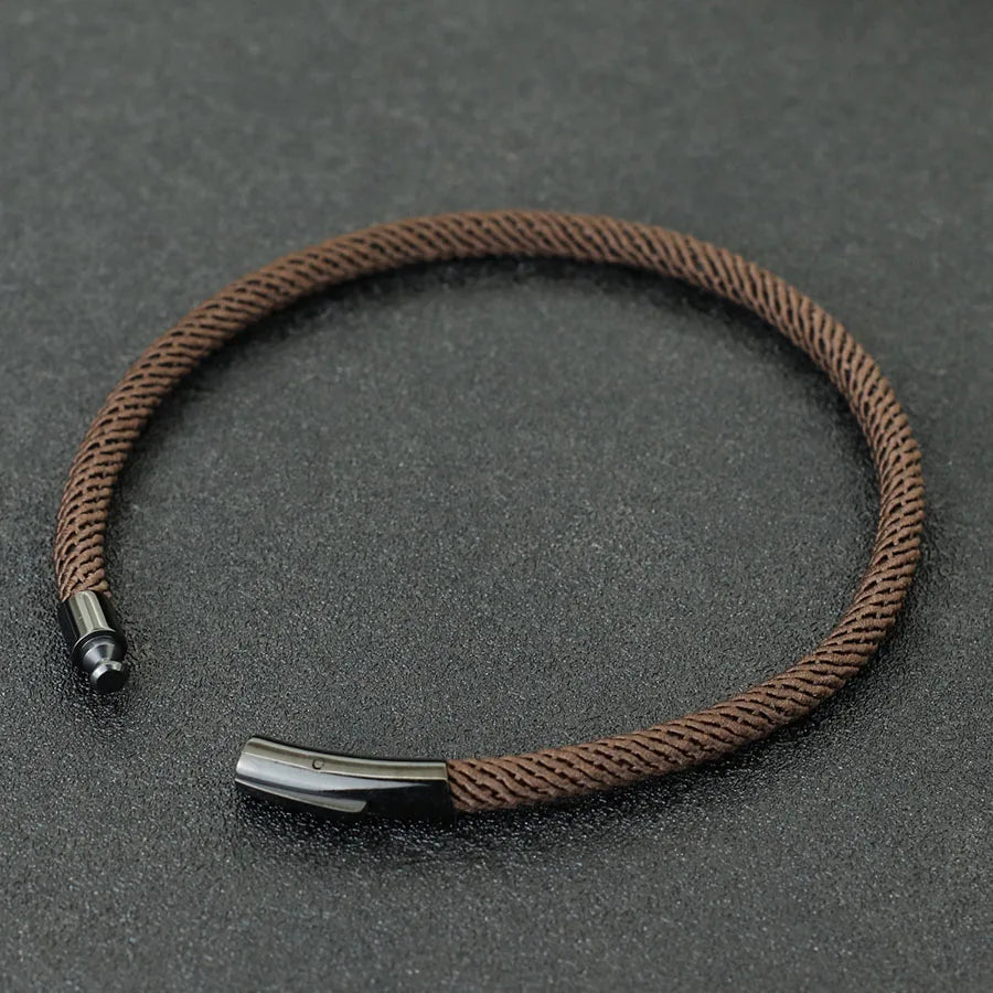 Minimalist Braided Fabric Bracelet with Secure Stainless Steel Snap Clasp Bangle, Custom Fit Brown Woven Lucky Protection Jewelry Gift