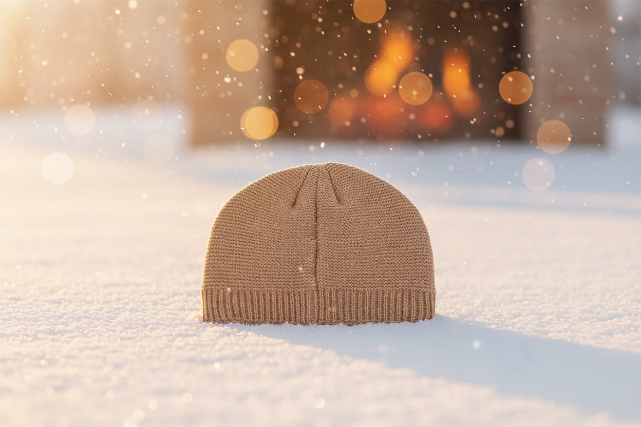 Brown knitted beanie on a white background
