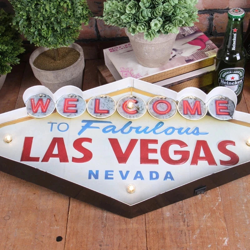 Bring Vegas Home: Vintage Las Vegas Welcome Neon Sign - Illuminated Hanging Metal Decor for Bar, Pub, Cafe, and Home - Man Gifts Shop