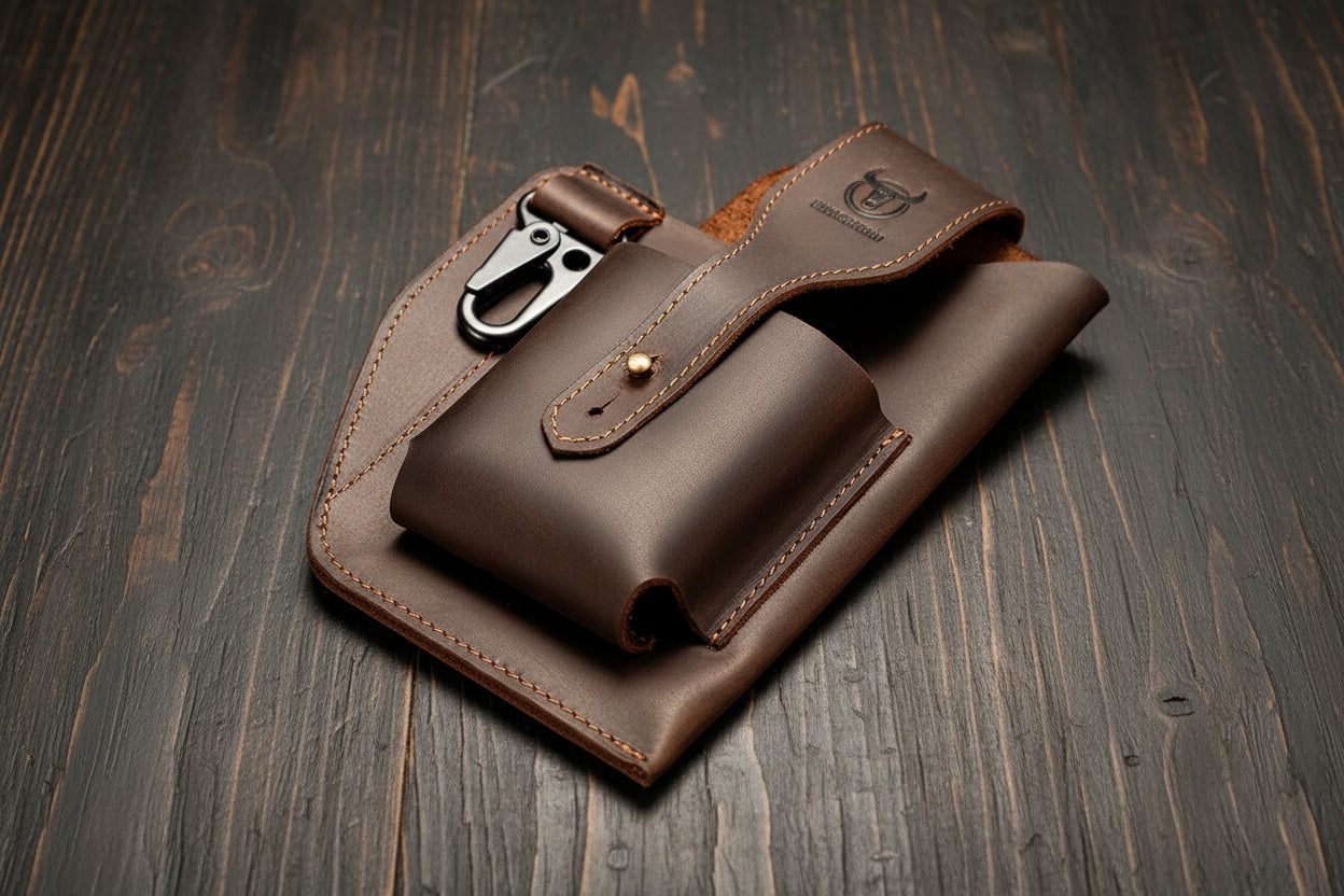 Brown leather pouch with a buckle on a wooden surface, featuring the Bullcaptain brand.