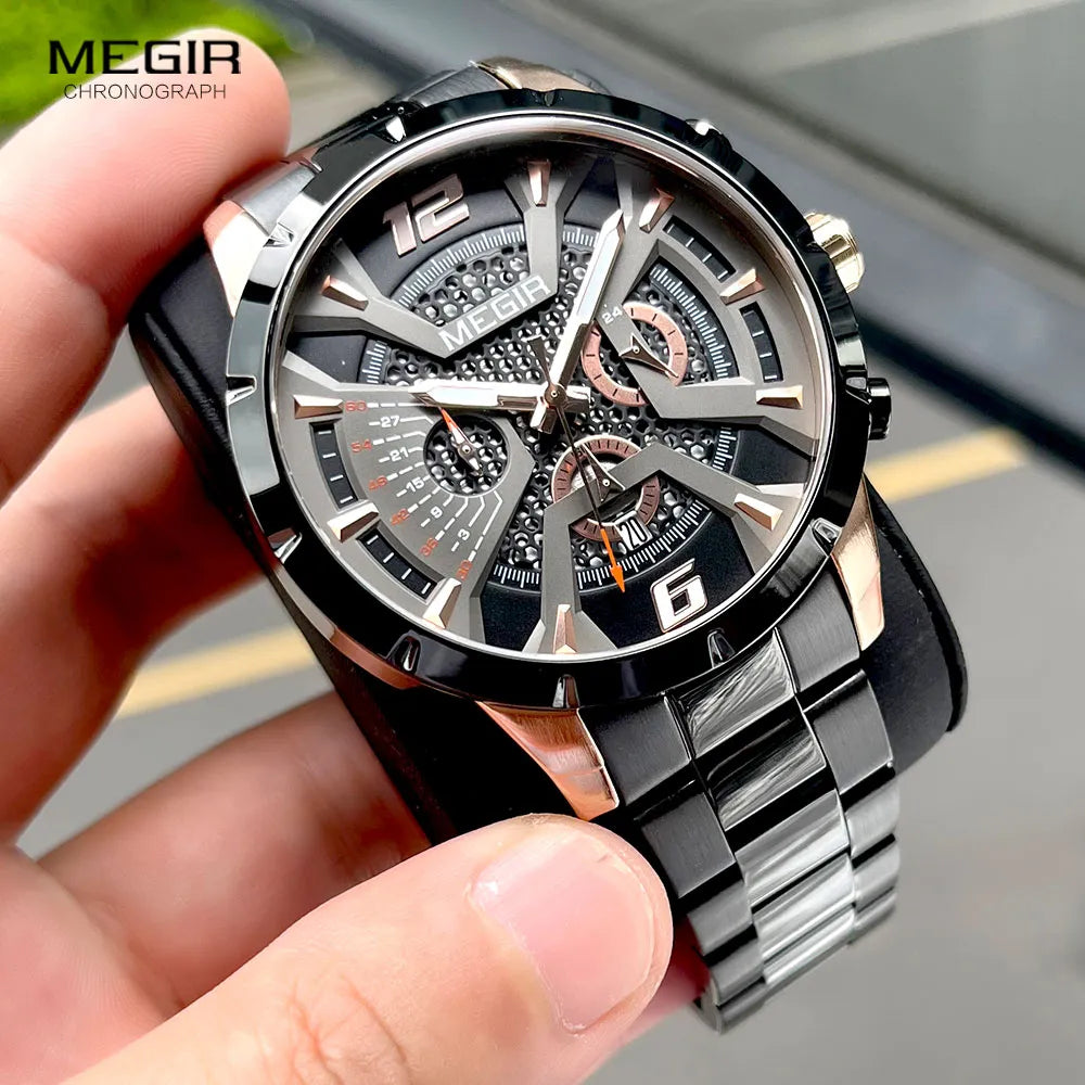 Original MEGIR Black Stainless Steel Fashion Sport Chronograph Quartz Watch - Man Gifts Shop