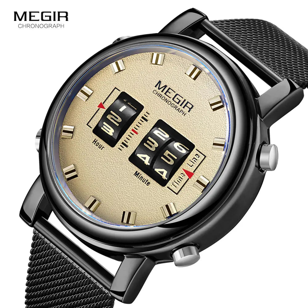 Original MEGIR Luxury Roller Pointer Quartz Stainless Steel Mesh Strap Wristwatch - Man Gifts Shop