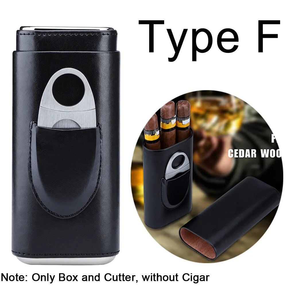 Cowhide Leather Three-Finger Portable Cigar Case with Silver Cigar Cutter - Man Gifts Shop