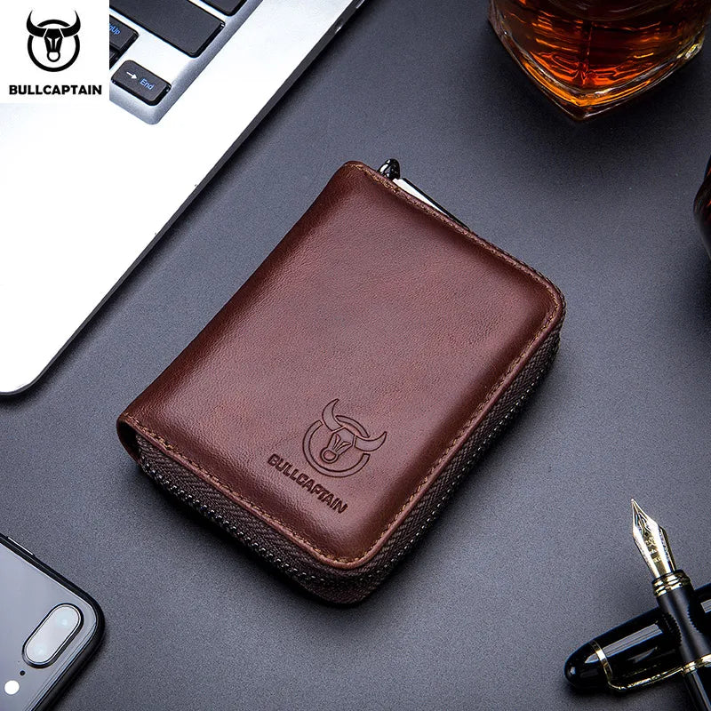 BULLCAPTAIN Genuine Leather RFID Zipper Card Holder Wallet for Men