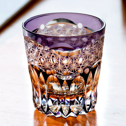 Premium Japanese Edo Kiriko Glass Hand Cut to Clear Glass Purple Color Whisky Glass with Gift Box