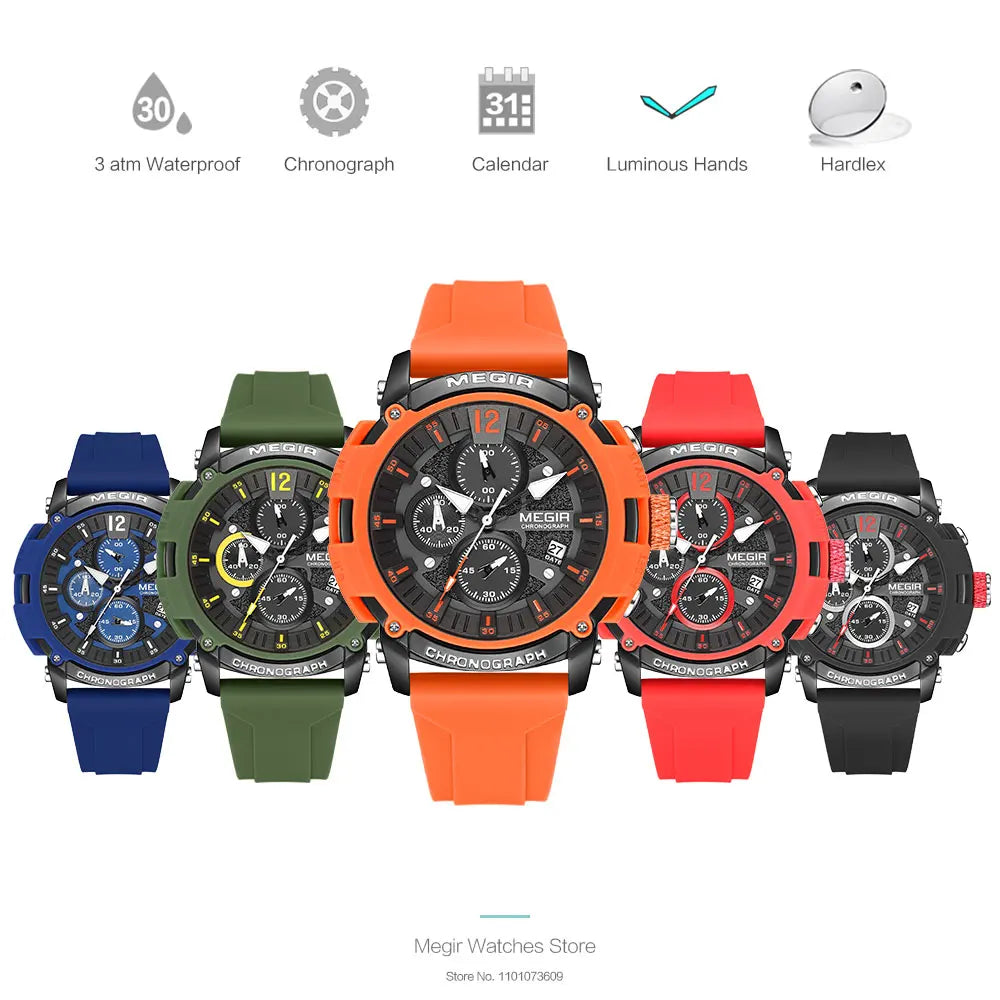 Original MEGIR Sport Luminous Chronograph Quartz Wristwatch with Auto Date Silicone Strap - Man Gifts Shop