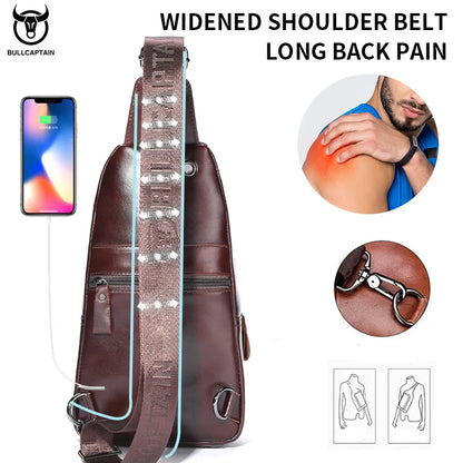 Original Bullcaptain Leather Sling Bag with USB Port – Premium Men's Chest Bag