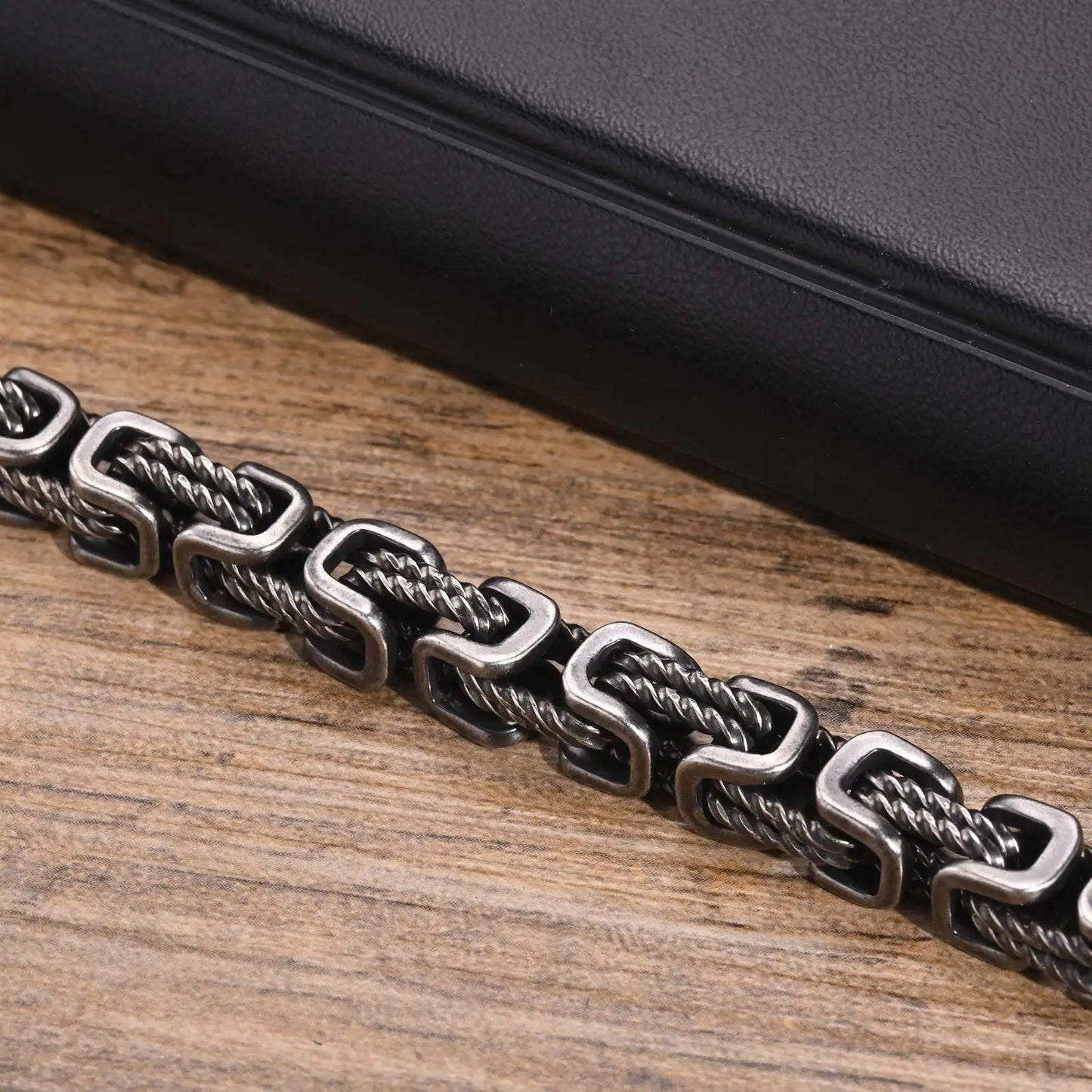 MGS Vintage 8mm Byzantine Oxidized Bold Square Links Chain Bracelet Wristband