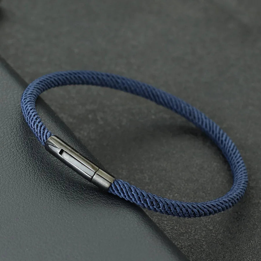 Minimalist Braided Fabric Bracelet with Secure Stainless Steel Snap Clasp Bangle, Custom Fit Navy Woven Lucky Protection Jewelry Gift