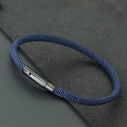 Minimalist Braided Fabric Bracelet with Secure Stainless Steel Snap Clasp Bangle, Custom Fit Navy Woven Lucky Protection Jewelry Gift
