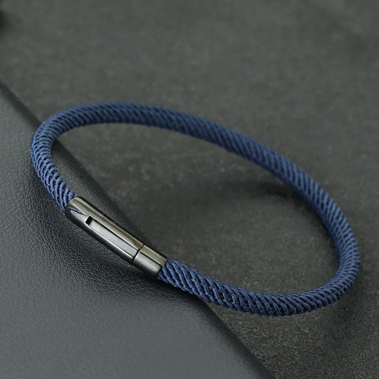 Minimalist Braided Fabric Bracelet with Secure Stainless Steel Snap Clasp Bangle, Custom Fit Navy Woven Lucky Protection Jewelry Gift