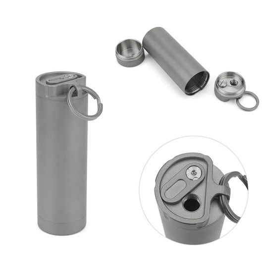 Gray metal container with keychain and multiple components on a white background, featuring the brand 'Advance'.