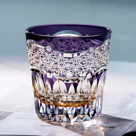 Premium Japanese Edo Kiriko Glass Hand Cut to Clear Glass Purple Color Whisky Glass with Gift Box