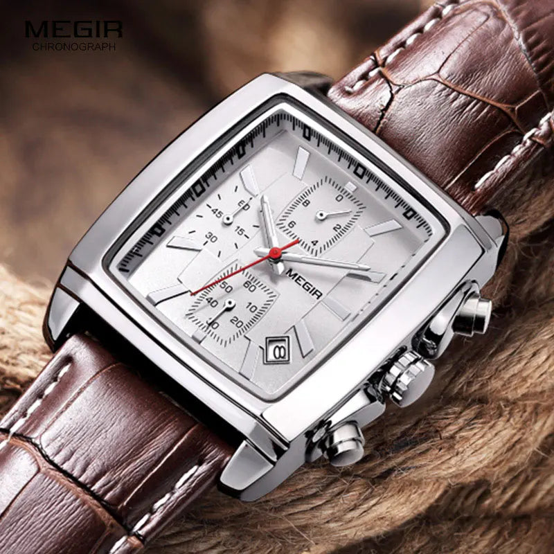 Original MEGIR Rectangle Dial Leather Strap Casual Watch - Man Gifts Shop