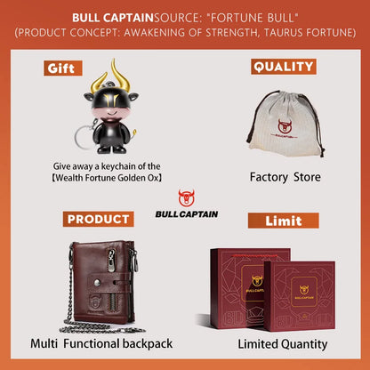 Original Bullcaptain Men’s Genuine Leather RFID Wallet with Chain and Travel-Ready Design