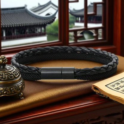 Black braided bracelet with a magnetic clasp on a traditional setting