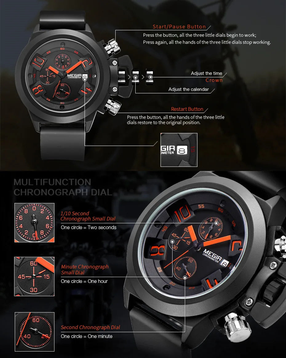 Original MEGIR Luxury Fashion Sport Military Chronograph Luminous Big Dial Men Watch - Man Gifts Shop