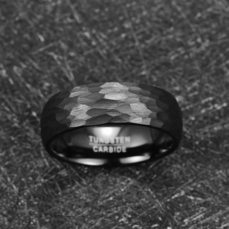 MGS Black Tungsten Carbide Multi-Faceted Hammered Brushed Finish Men Ring