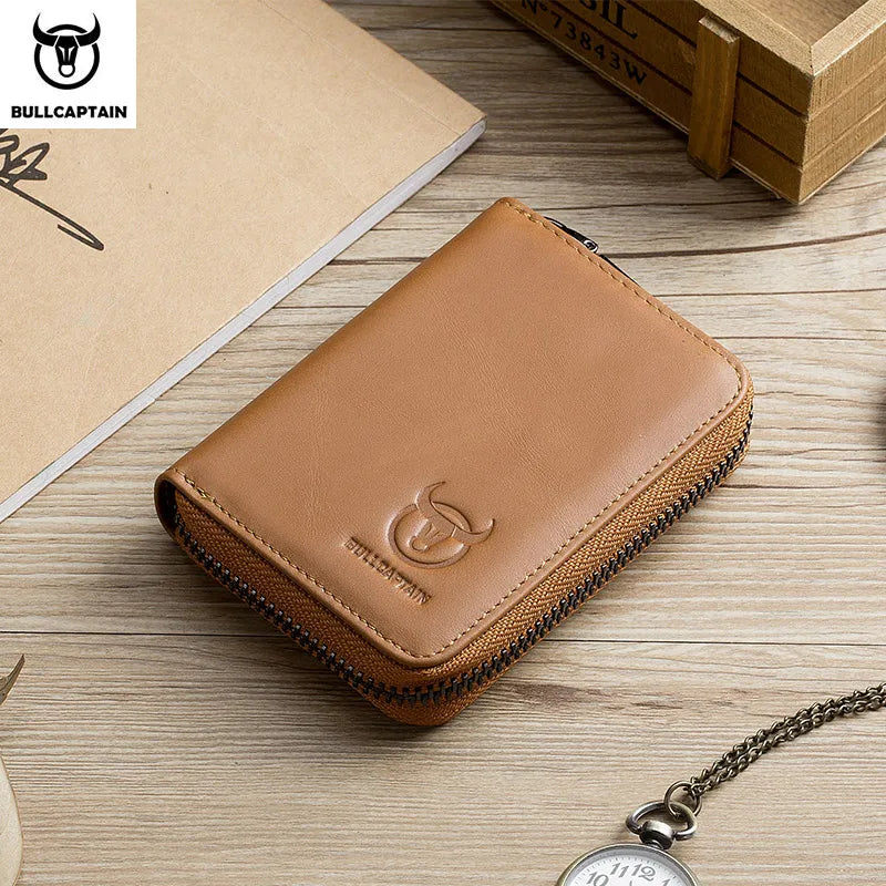 BULLCAPTAIN Genuine Leather RFID Zipper Card Holder Wallet for Men