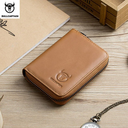 BULLCAPTAIN Genuine Leather RFID Zipper Card Holder Wallet for Men