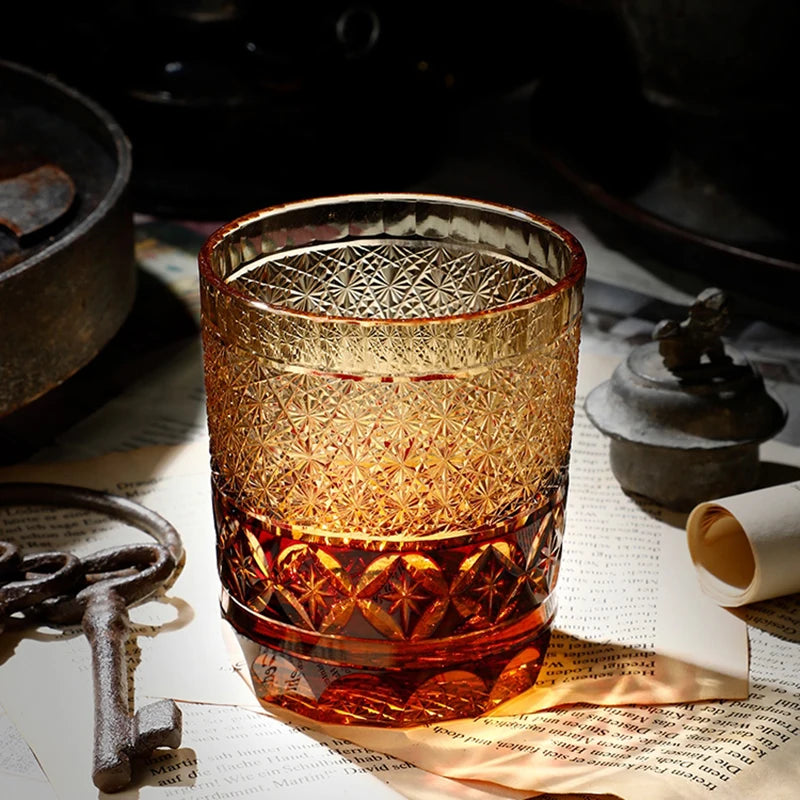 Limited Edition Edo Kiriko Hand-carved Amber Crystal Whiskey Glass (9oz)