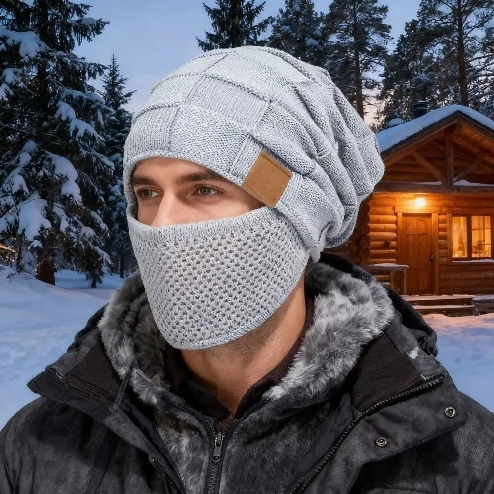 Gorro de invierno unisex de talla grande con cubrebocas, tejido suave, cálido y holgado, con puños para hombres y mujeres.