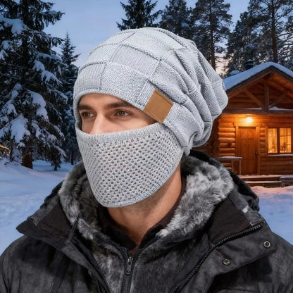 Gorro de invierno unisex de talla grande con cubrebocas, tejido suave, cálido y holgado, con puños para hombres y mujeres.