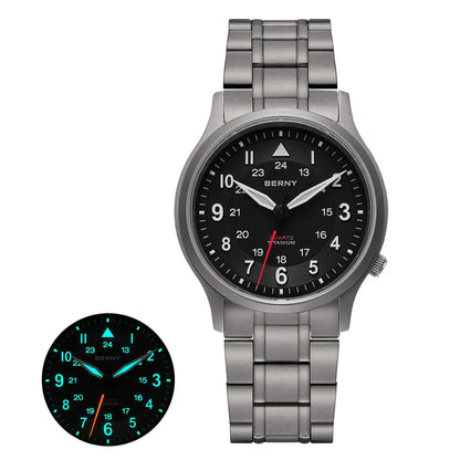 BERNY Men's Titanium Pilot Watch – Classic Field Quartz Wristwatch with Super Luminous Dial, Sapphire Crystal, 5ATM Water Resistant