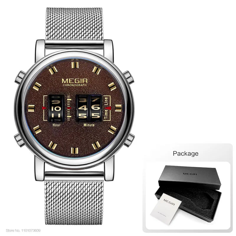 Original MEGIR Luxury Roller Pointer Quartz Stainless Steel Mesh Strap Wristwatch - Man Gifts Shop