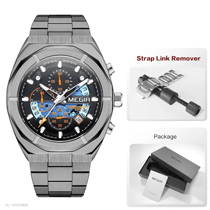 Original MEGIR Silver Quartz Stainless Steel Strap Watch with Chronograph - Man Gifts Shop