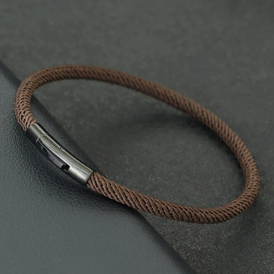 Minimalist Braided Fabric Bracelet with Secure Stainless Steel Snap Clasp Bangle, Custom Fit Brown Woven Lucky Protection Jewelry Gift