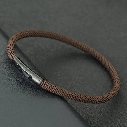 Minimalist Braided Fabric Bracelet with Secure Stainless Steel Snap Clasp Bangle, Custom Fit Brown Woven Lucky Protection Jewelry Gift