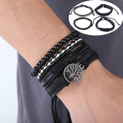 3-4pcs Vintage Leather Bracelet Set for Men – Tree of Life & Beaded Wrap Bangles