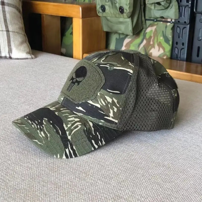 Stay Cool and Camouflaged with our MGS Military Skull Baseball Mesh Cap - Man Gifts Shop