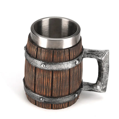 MGS Premium Wooden Barrel Beer Mug: Large-Capacity Stainless Steel Design