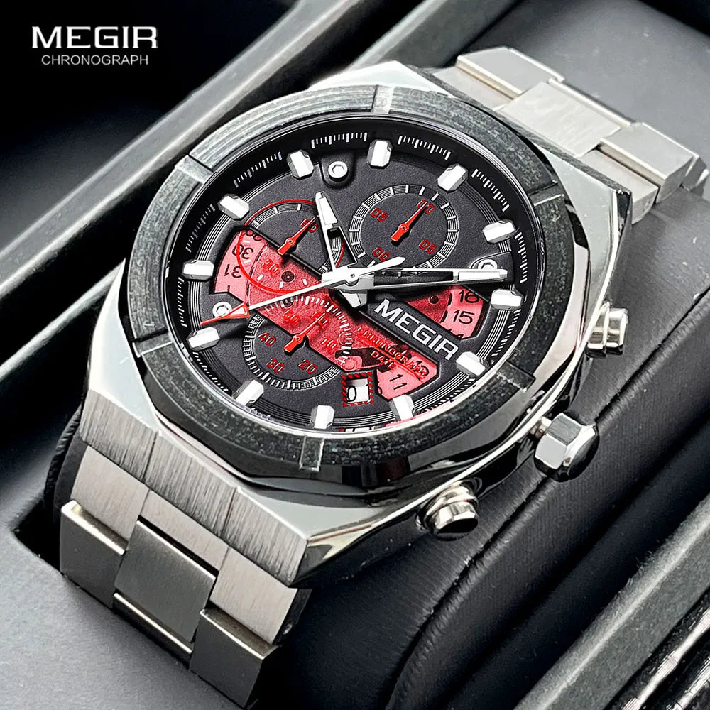 Original MEGIR Silver Quartz Stainless Steel Strap Watch with Chronograph - Man Gifts Shop